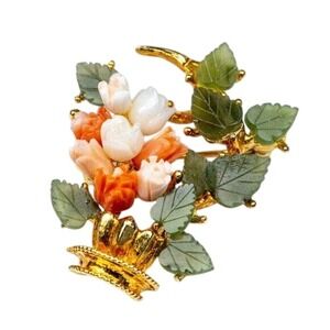 Vintage Swoboda Brooch - Real Jade & Coral - Flower Pin Signed 60s Gold Tone